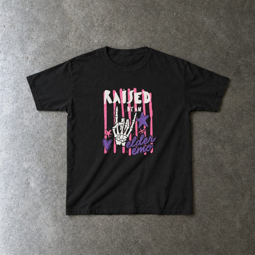 Raised by an Elder Emo 2.0 Youth Tee toddler tee in black, laid flat