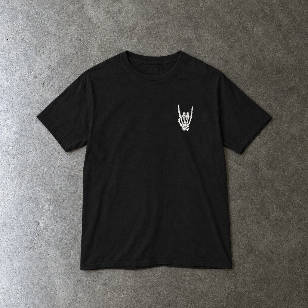 Rock On youth tee in black, laid flat