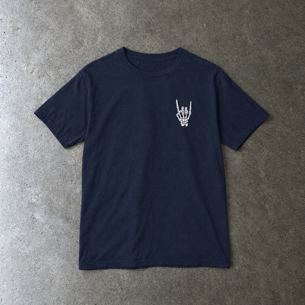 Rock On youth tee in navy, laid flat