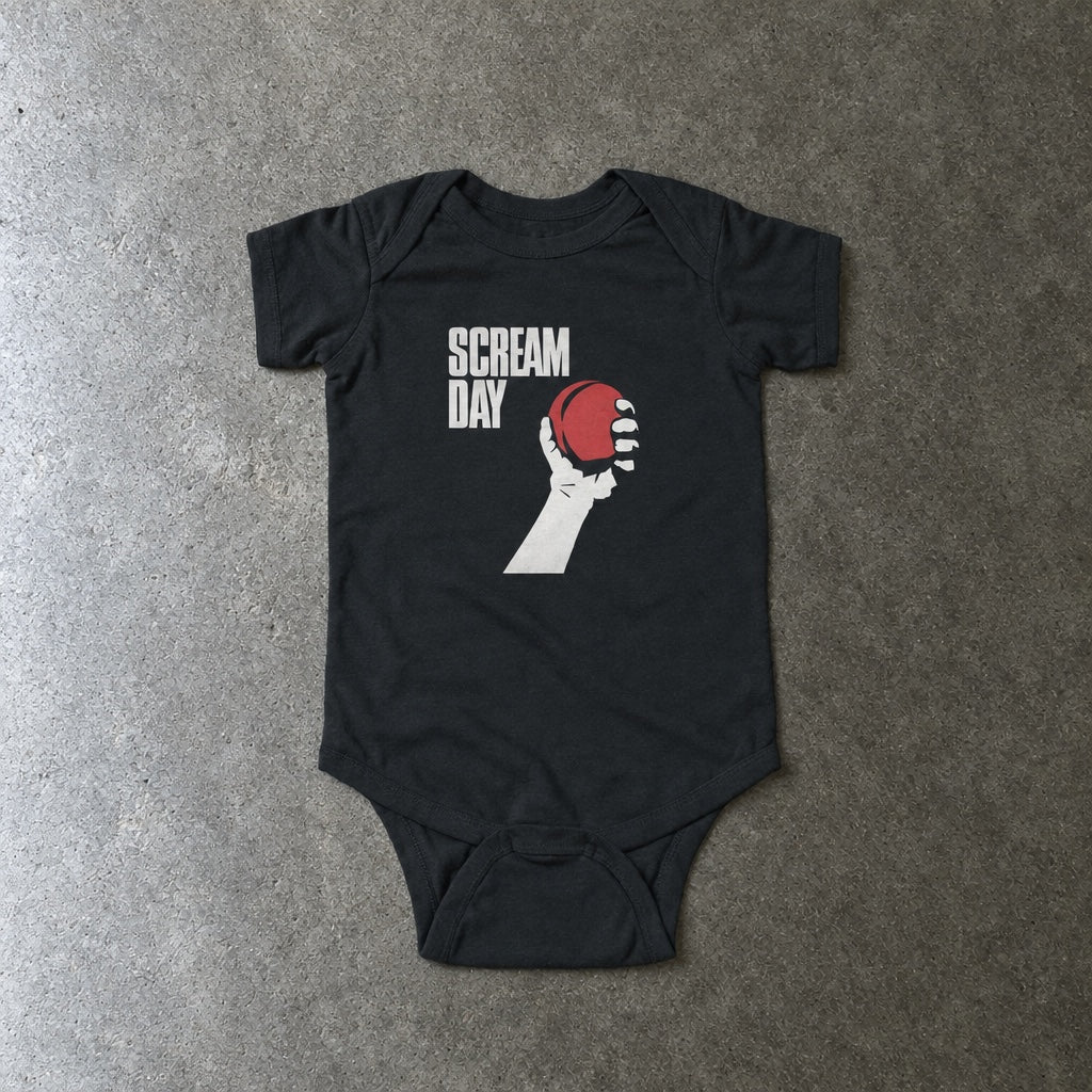 Scream Day onesie in black, laid flat