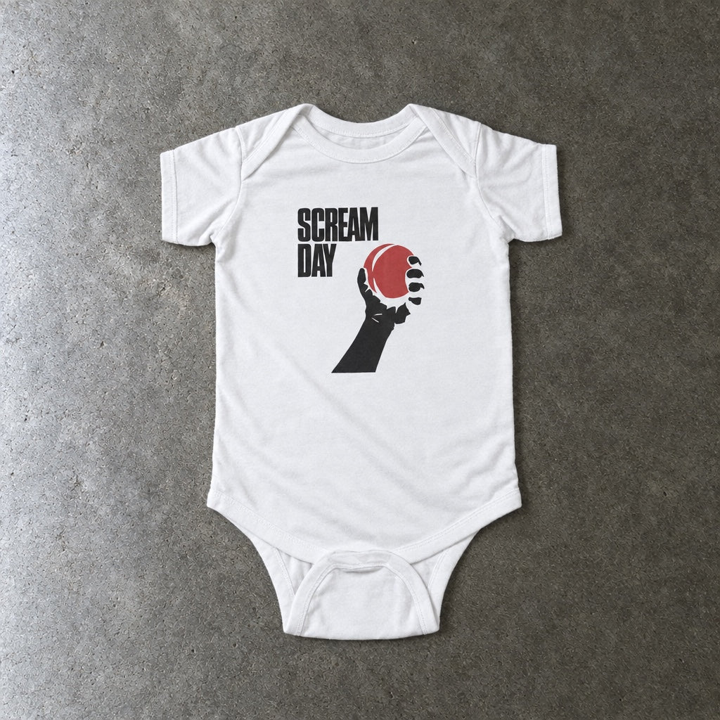 Scream Day onesie in white, laid flat