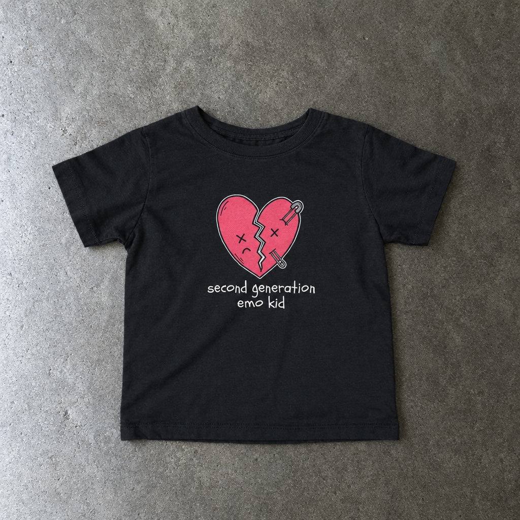 Second Generation Emo Kid 2.0 Baby Tee toddler tee in black, laid flat