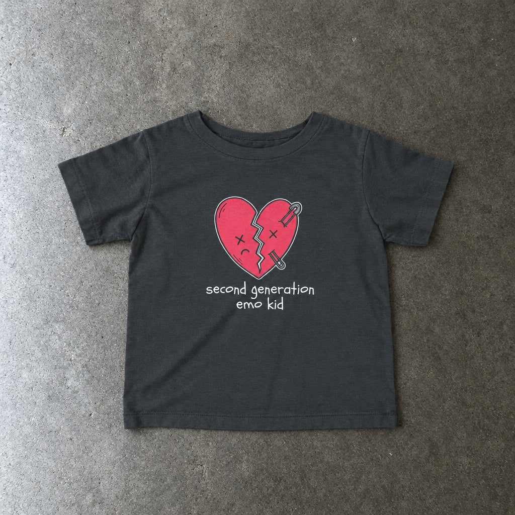 Second Generation Emo Kid 2.0 Baby Tee toddler tee in charcoal, laid flat