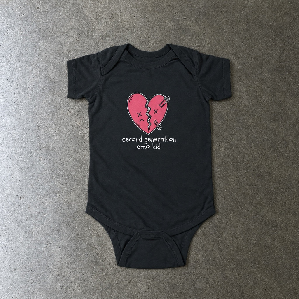 Second Generation Emo Kid 2.0 Onesie toddler tee in black, laid flat