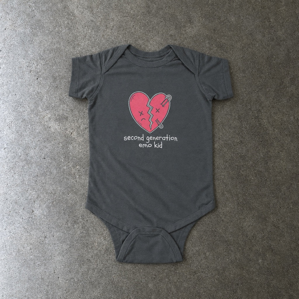 Second Generation Emo Kid 2.0 Onesie toddler tee in charcoal, laid flat