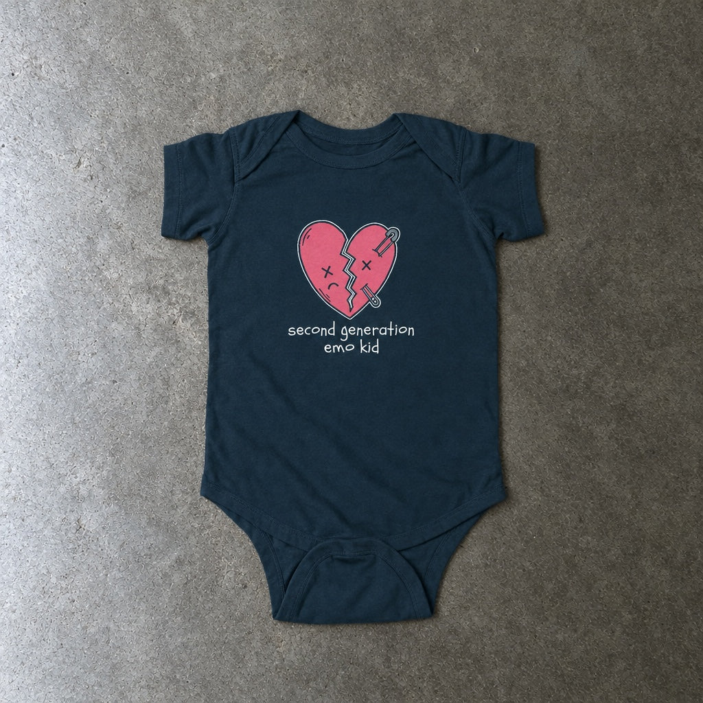 Second Generation Emo Kid 2.0 Onesie toddler tee in navy, laid flat