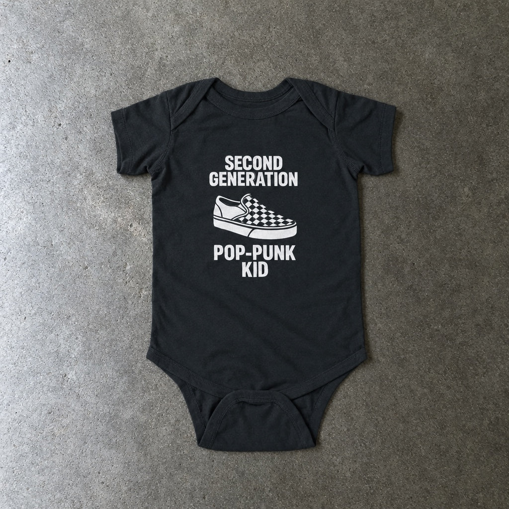 Second Generation Pop-Punk Kid onesie in black, laid flat