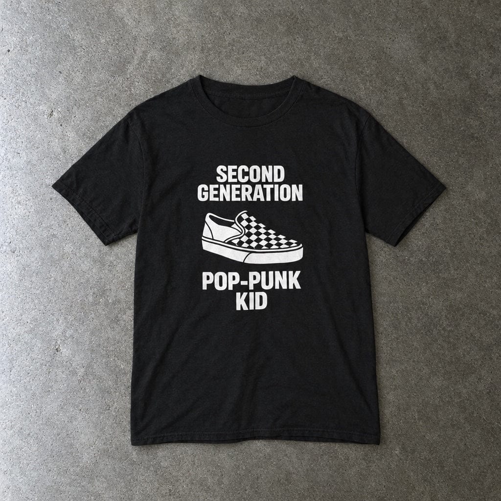 Second Generation Pop-Punk Kid youth tee in black, laid flat