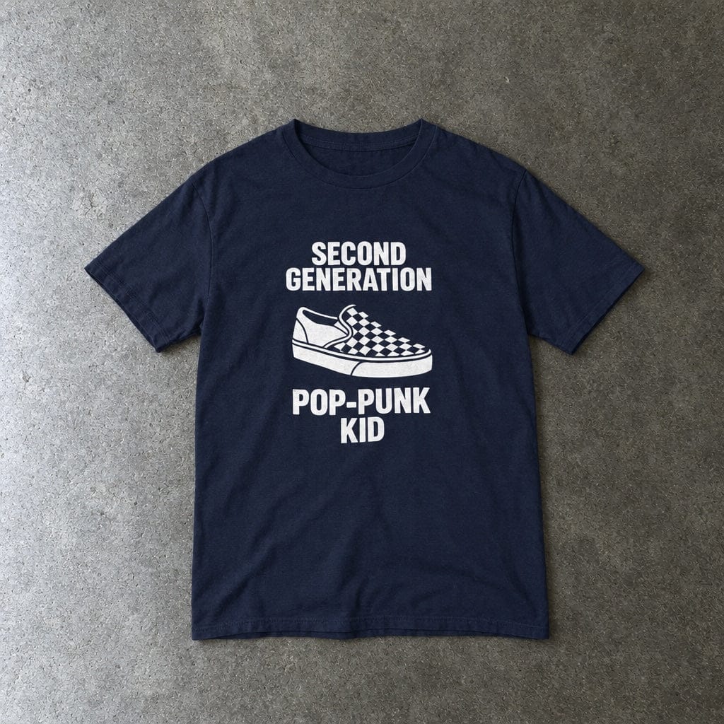 Second Generation Pop-Punk Kid youth tee in navy, laid flat