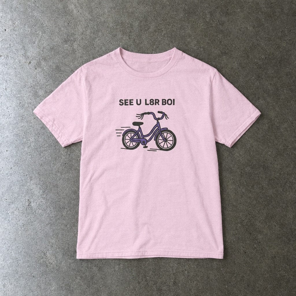 SEE U L8R BOI youth tee in light pink, laid flat