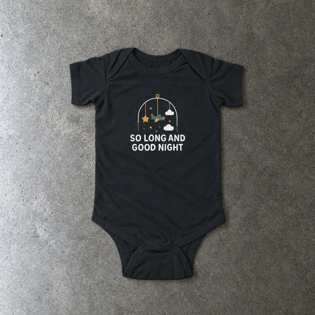 So Long and Good Night onesie in black, laid flat