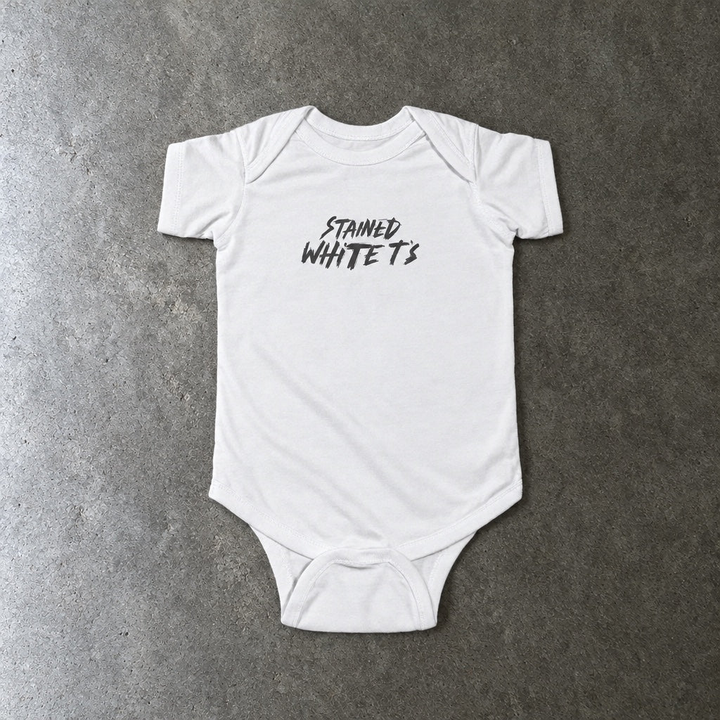 Stained White T's onesie in white, laid flat