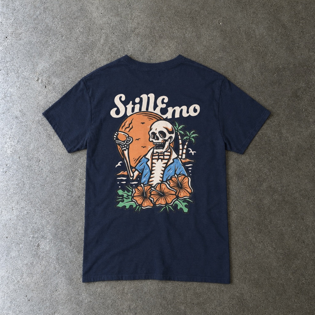 Still Emo Beach Club Tee toddler tee in navy, laid flat, back view