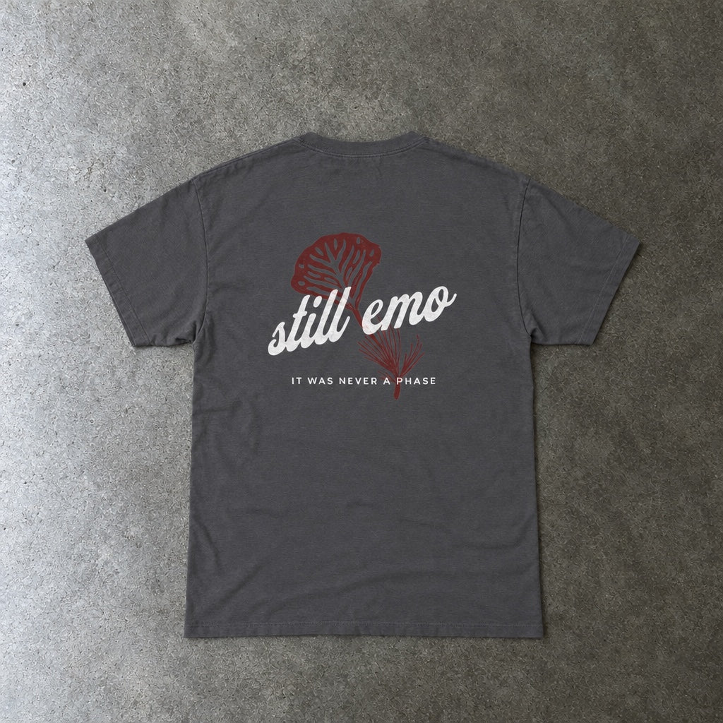 Still Emo Flower Tee toddler tee in charcoal, laid flat, back view