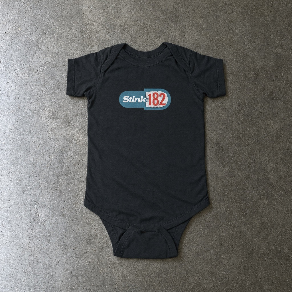 Stink-182 onesie in black, laid flat