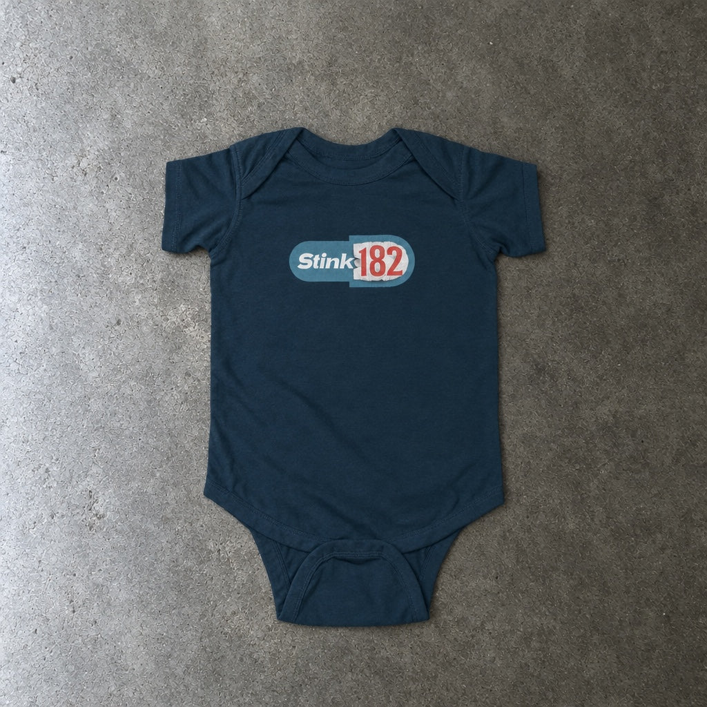Stink-182 onesie in navy, laid flat