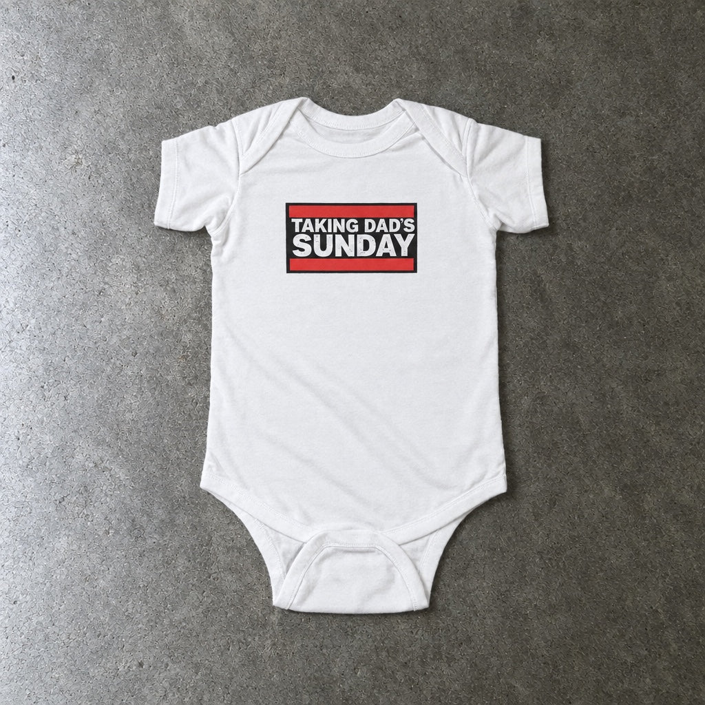 Taking Dad's Sunday onesie in white, laid flat
