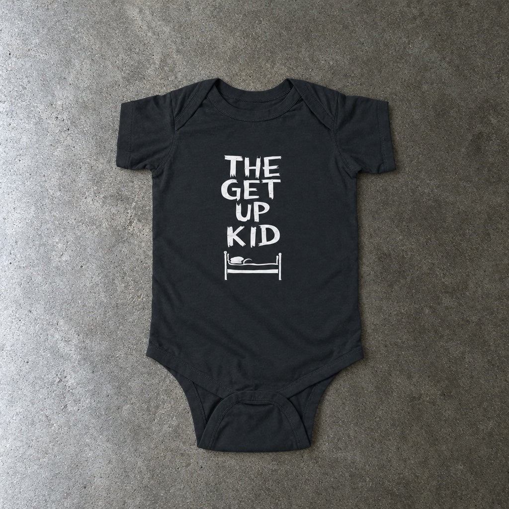 The Get Up Kid onesie in black, laid flat