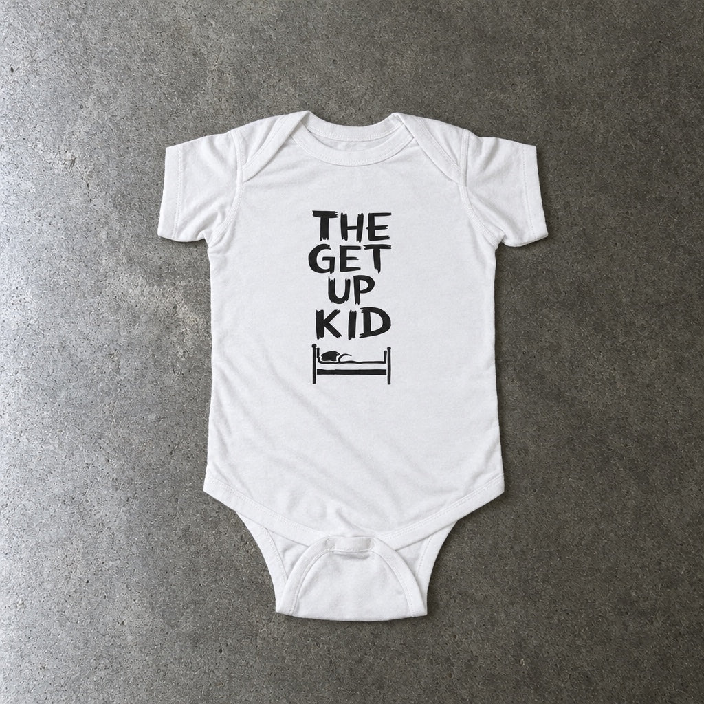 The Get Up Kid onesie in white, laid flat