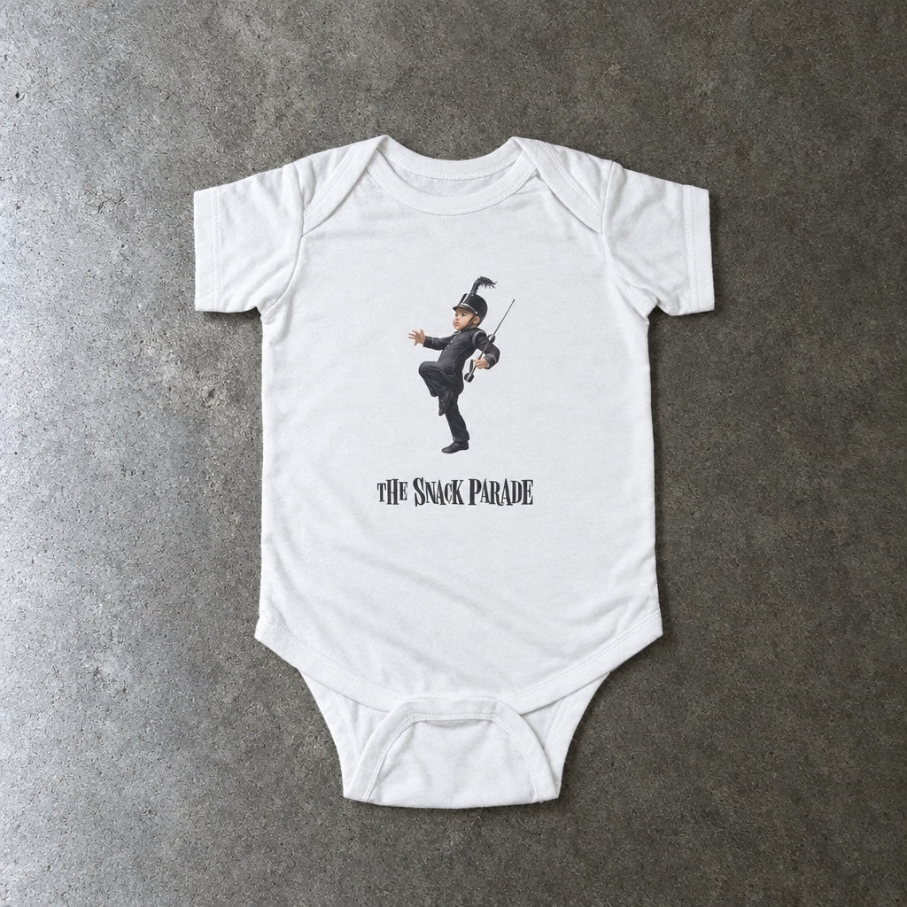 The Snack Parade onesie in white, laid flat