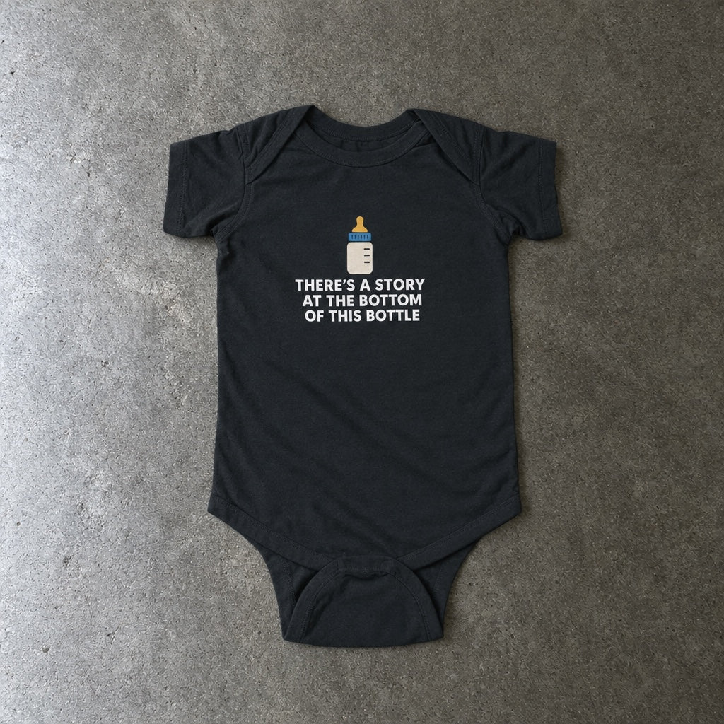 There’s a Story at the Bottom of This Bottle onesie in black, laid flat