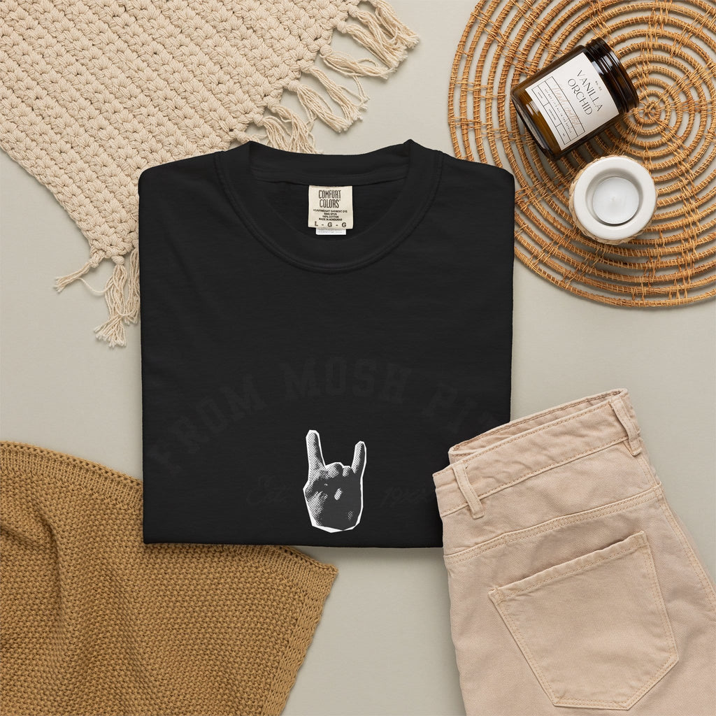 From Mosh Pits To Mezzanines Varsity Tee on Comfort Colors
