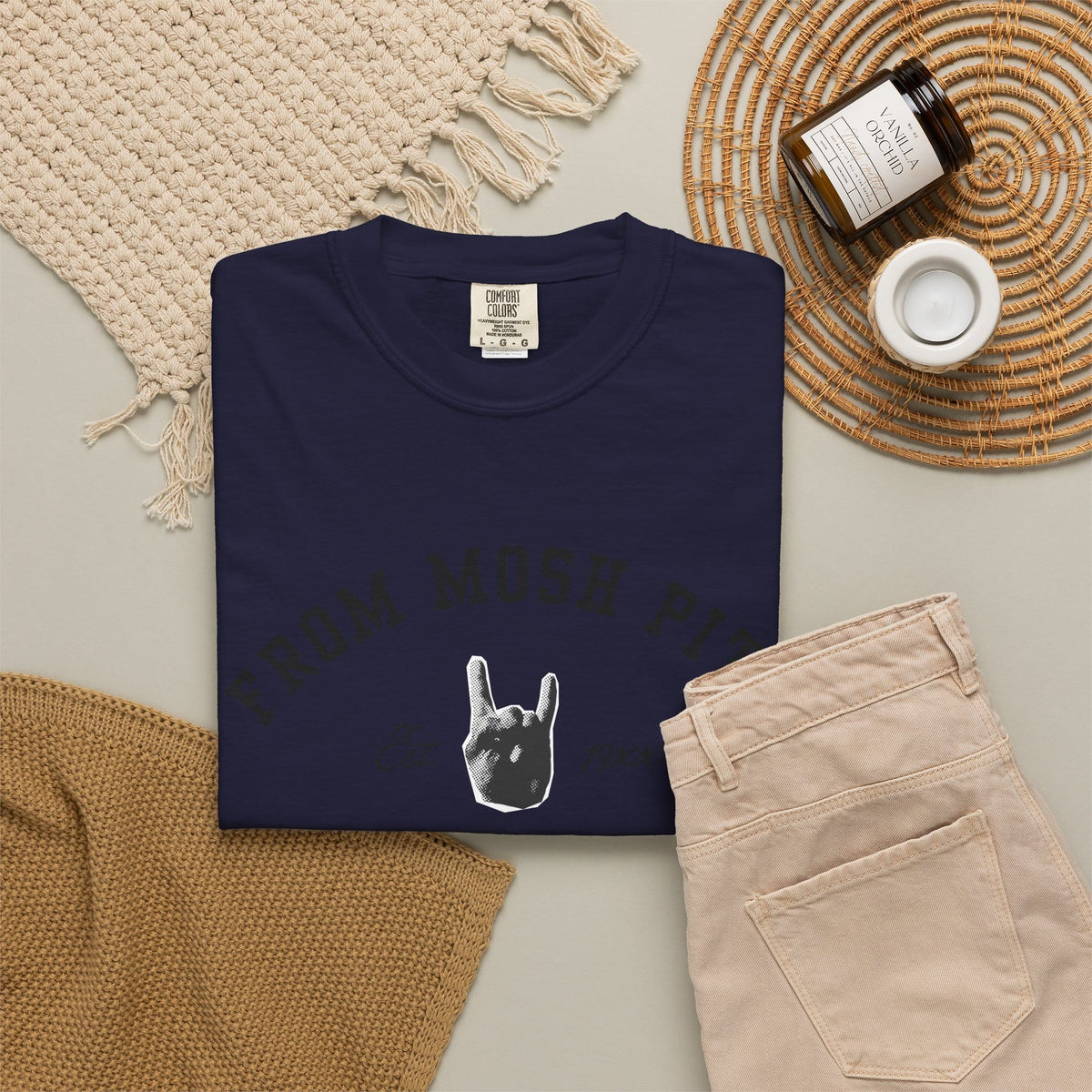 From Mosh Pits To Mezzanines Varsity Tee on Comfort Colors