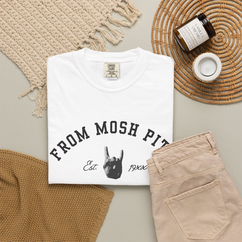 From Mosh Pits To Mezzanines Varsity Tee on Comfort Colors