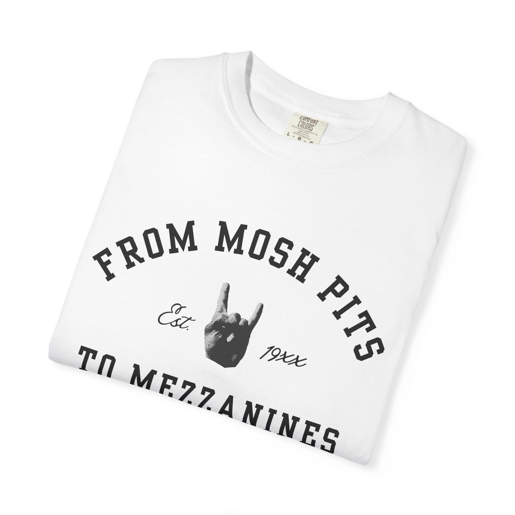From Mosh Pits To Mezzanines Varsity Tee on Comfort Colors