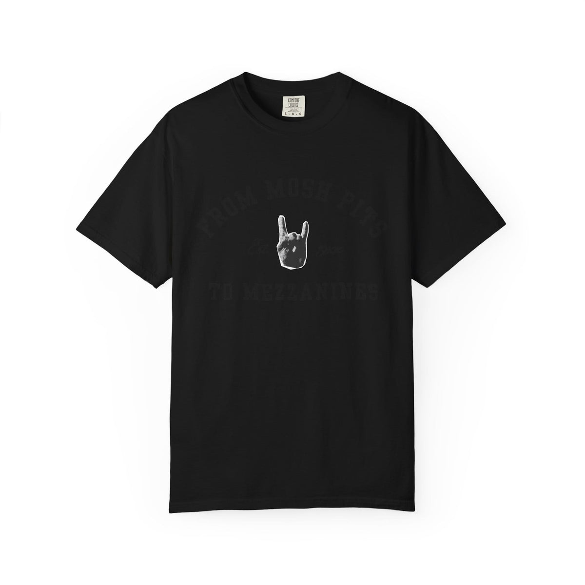 From Mosh Pits To Mezzanines Varsity Tee on Comfort Colors Black / S