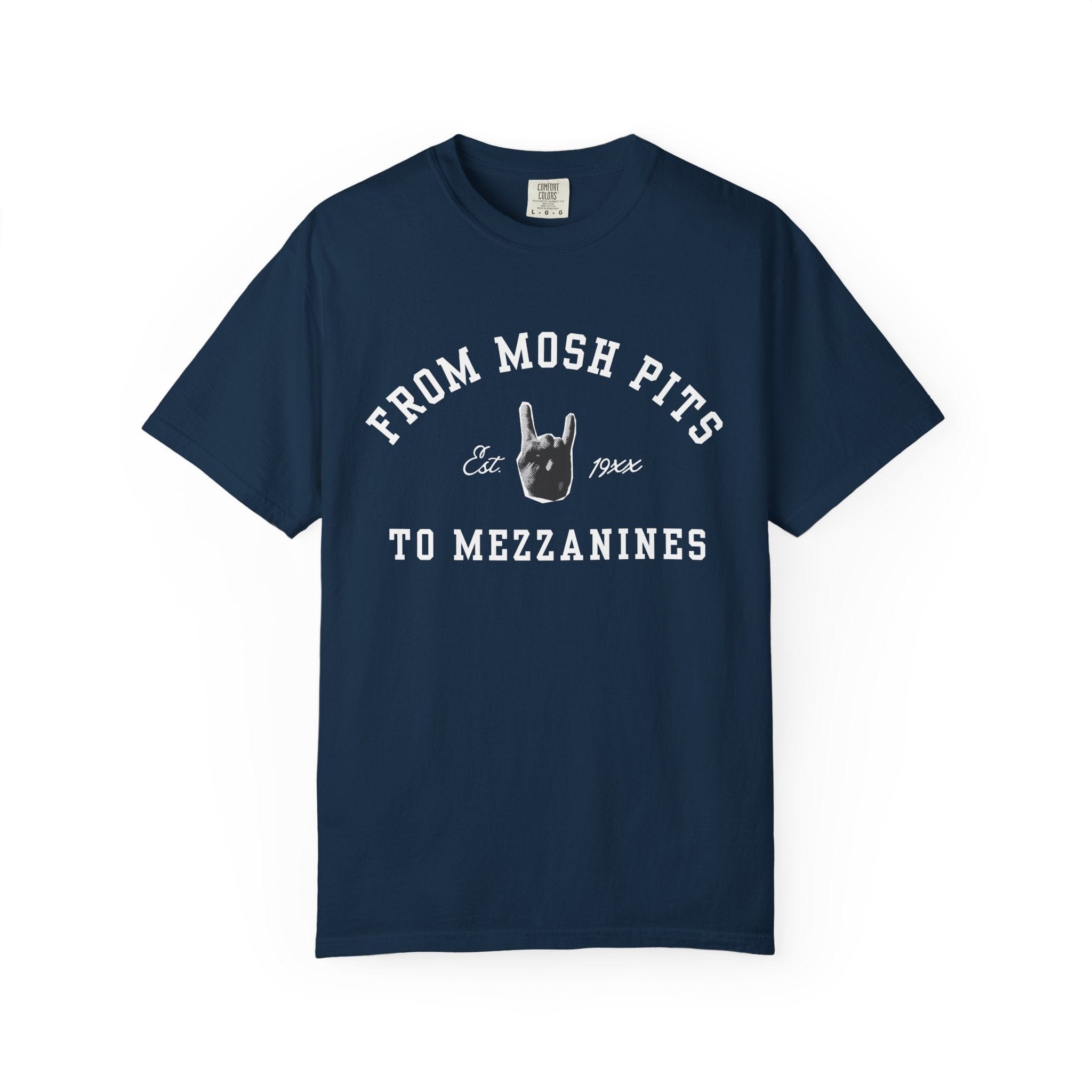 From Mosh Pits To Mezzanines Varsity Tee on Comfort Colors True Navy / S