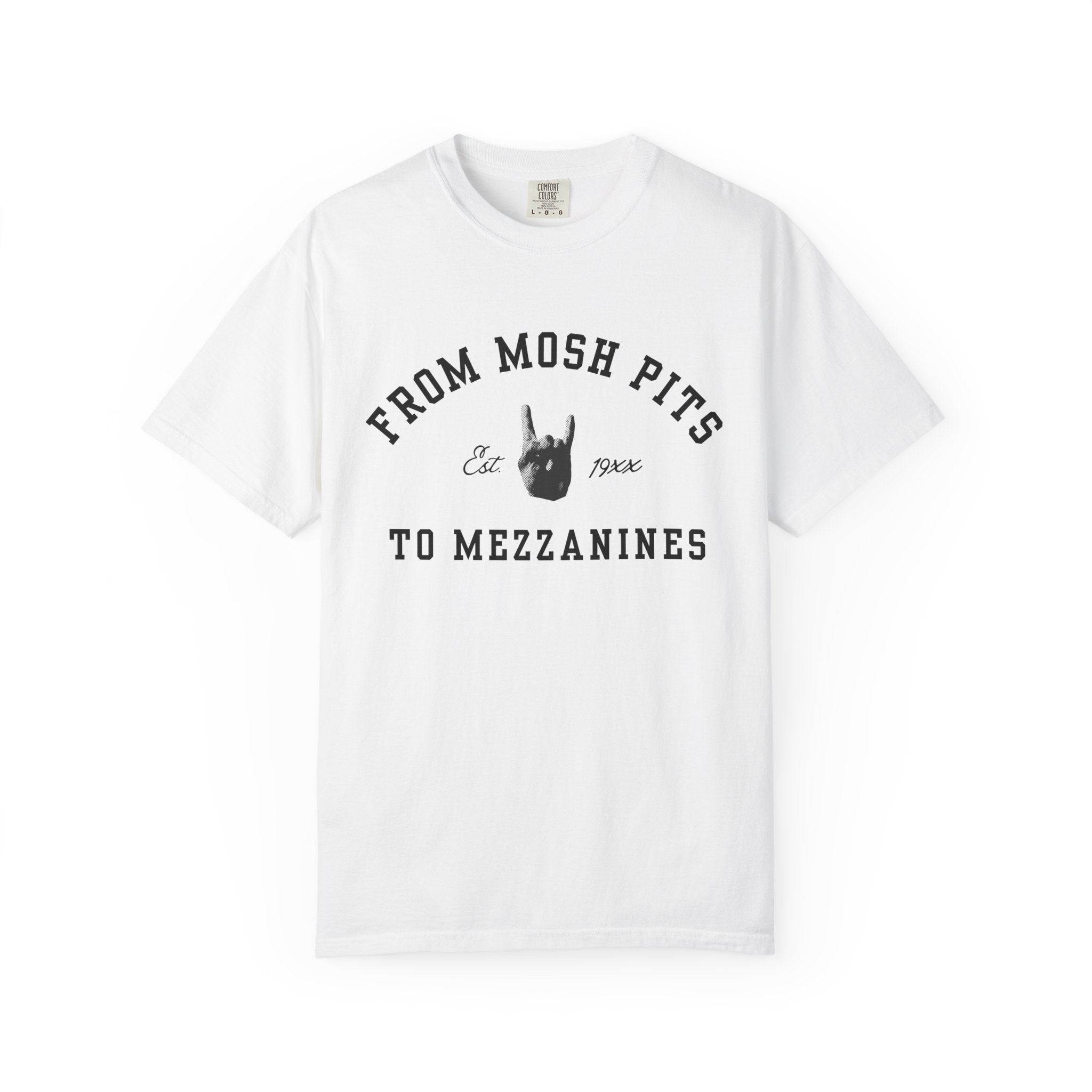 From Mosh Pits To Mezzanines Varsity Tee on Comfort Colors White / S
