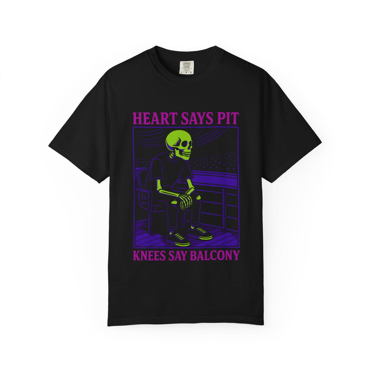 Heart Says Pit, Knees Say Balcony Neon Edition Tee on Comfort Colors Black / S