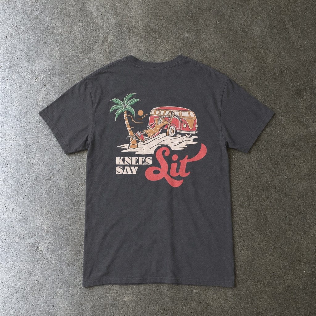Heart Says Pit, Knees Say Sit Tee in charcoal, laid flat, back view