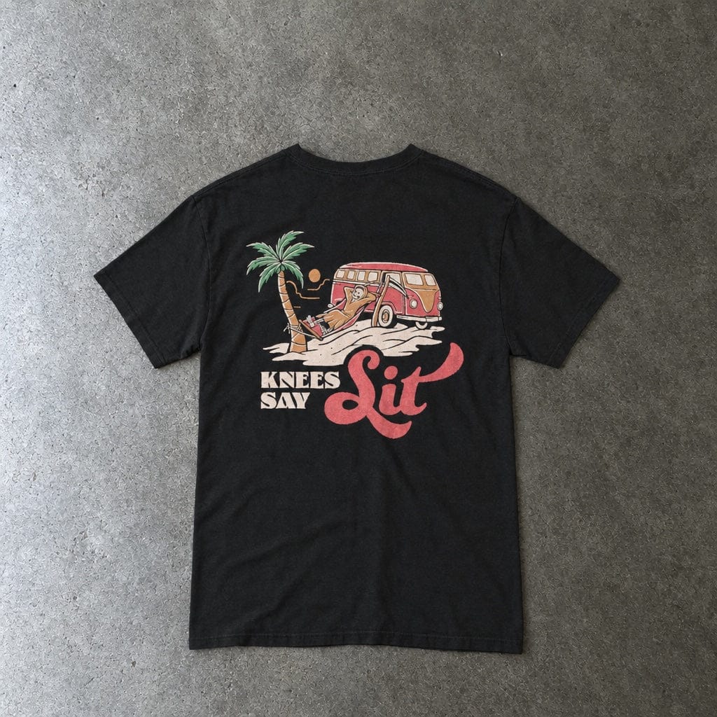Heart Says Pit, Knees Say Sit Tee in black, laid flat, back view