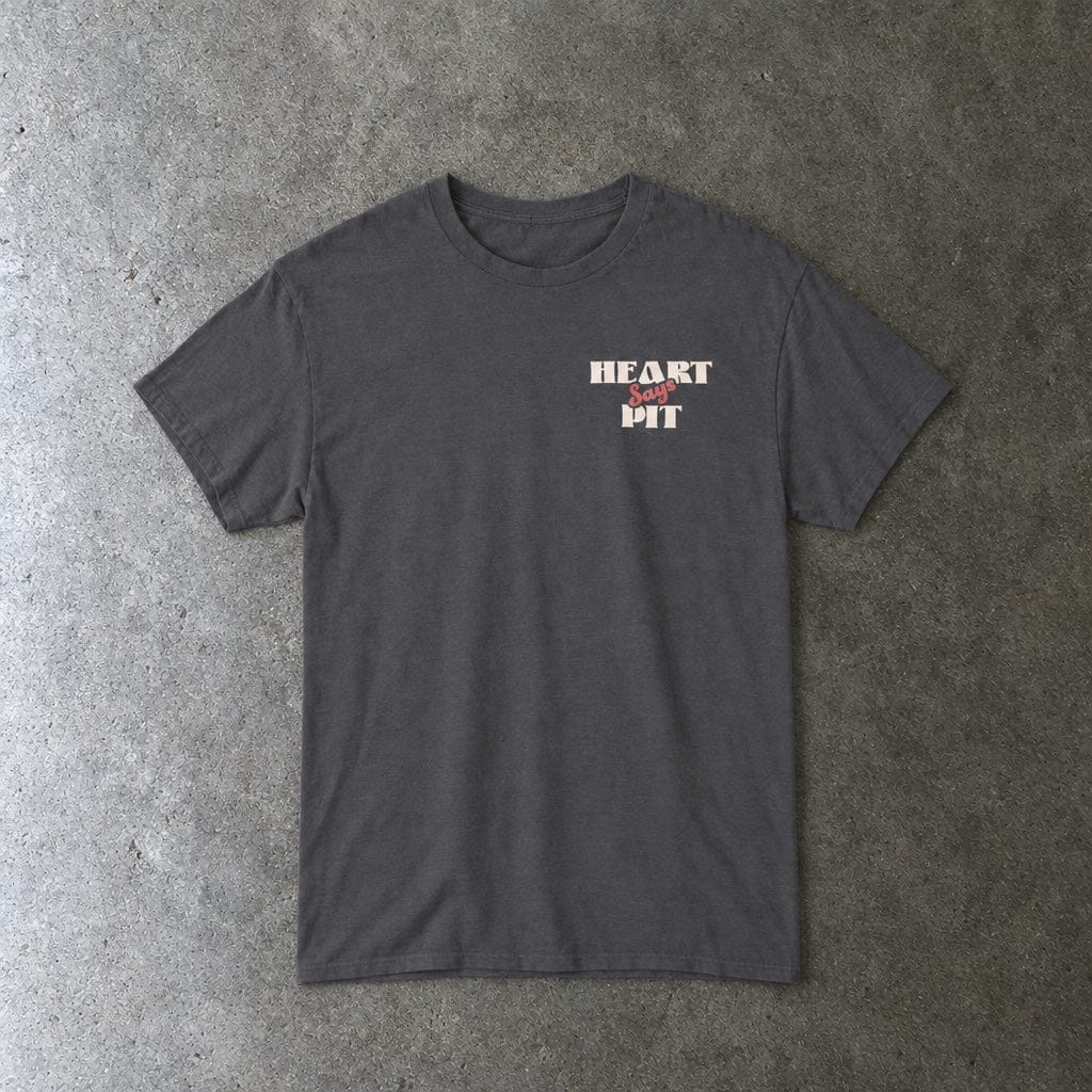 Heart Says Pit, Knees Say Sit Tee in charcoal, laid flat