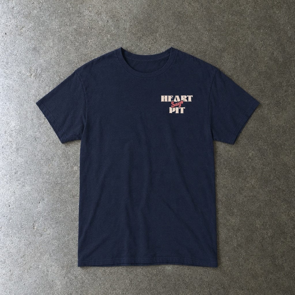 Heart Says Pit, Knees Say Sit Tee in navy, laid flat