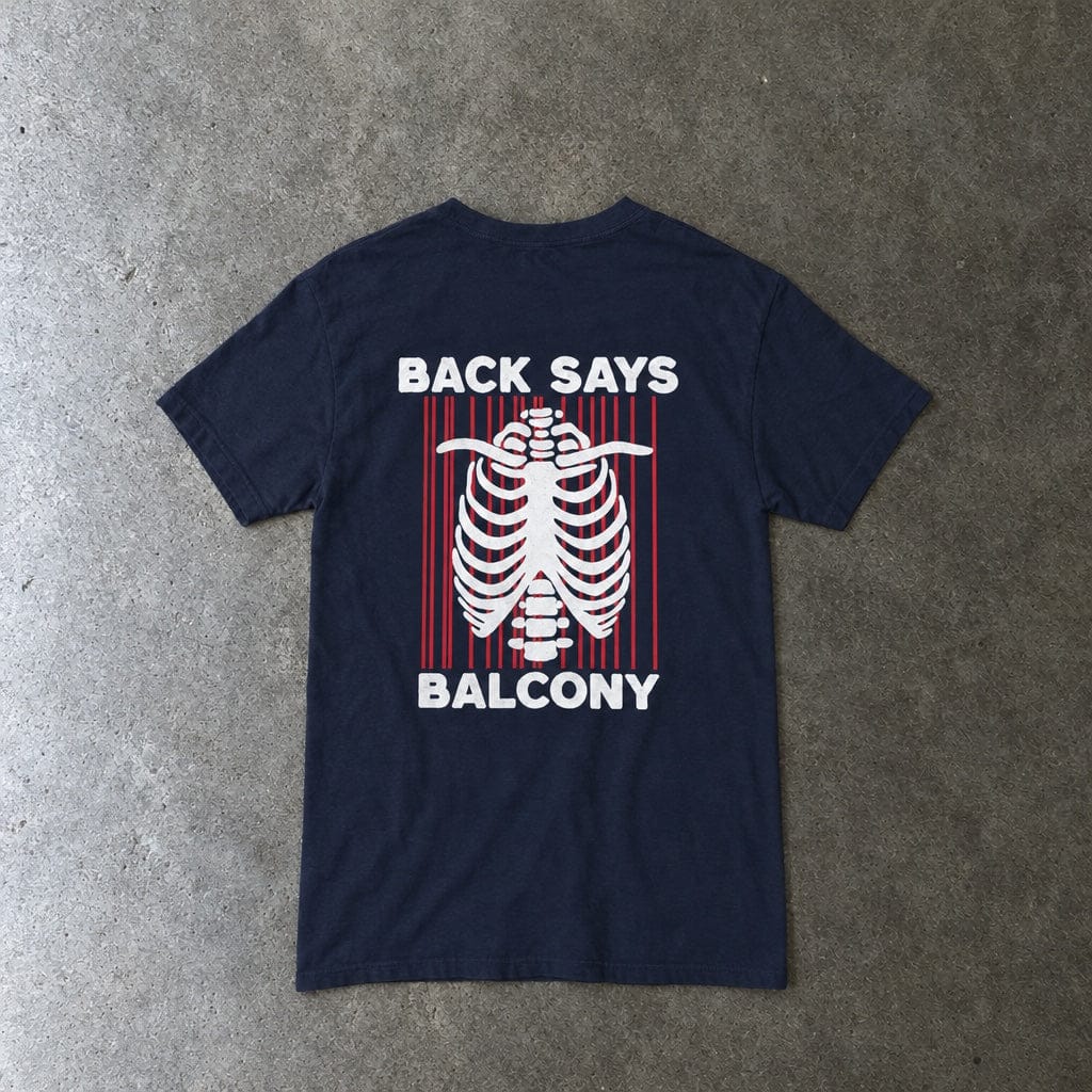 Hearts Says Pit, Back Says Balcony Tee in navy, laid flat, back view