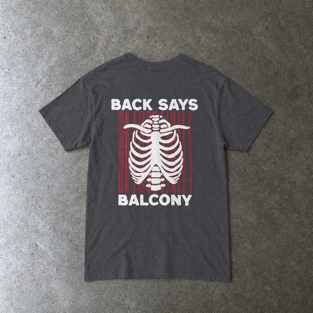 Hearts Says Pit, Back Says Balcony Tee in charcoal, laid flat, back view