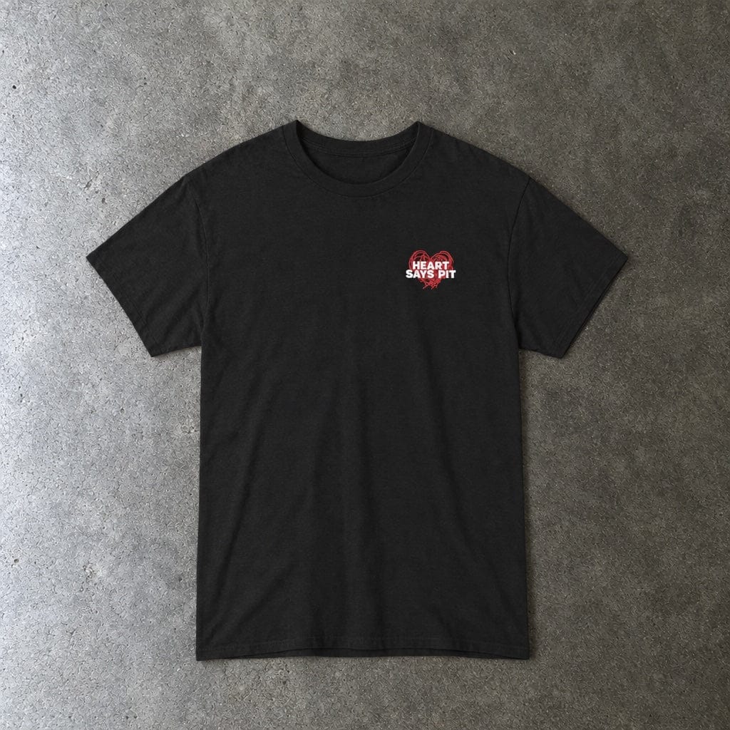 Hearts Says Pit, Back Says Balcony Tee in black, laid flat