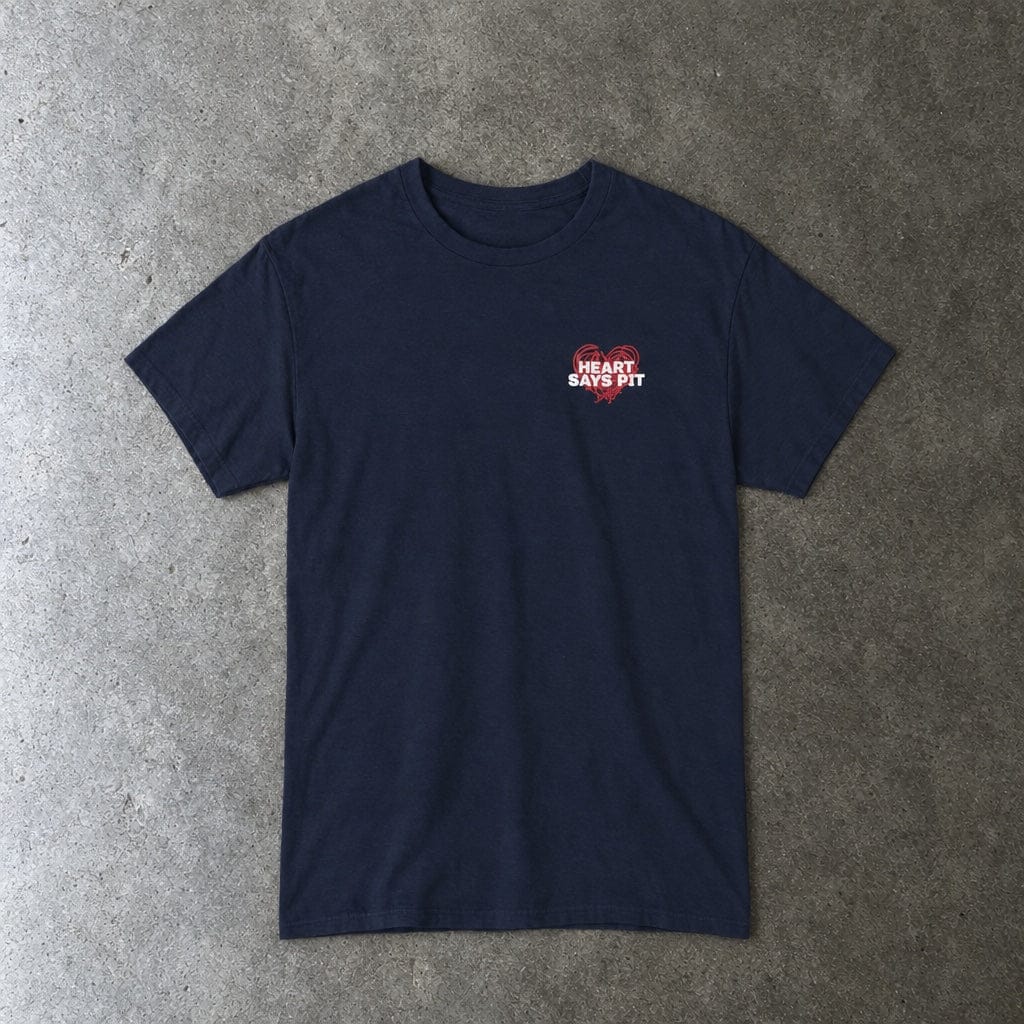 Hearts Says Pit, Back Says Balcony Tee in navy, laid flat