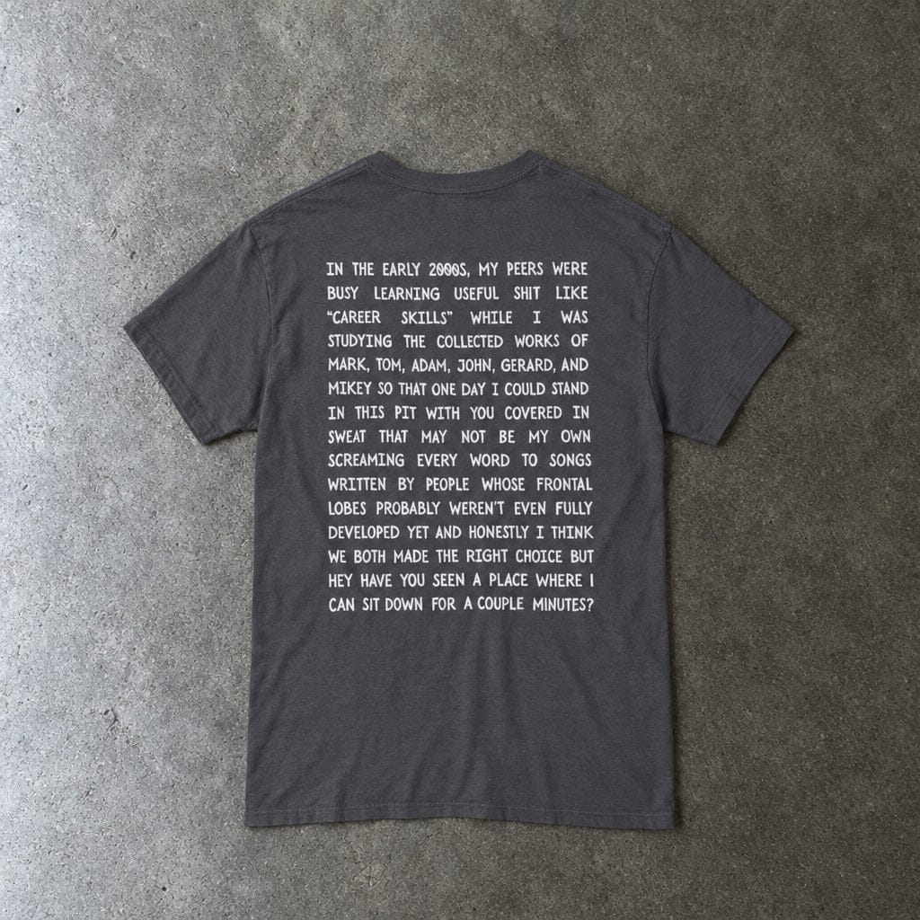 In the Early 2000s Tee in charcoal, laid flat, back view
