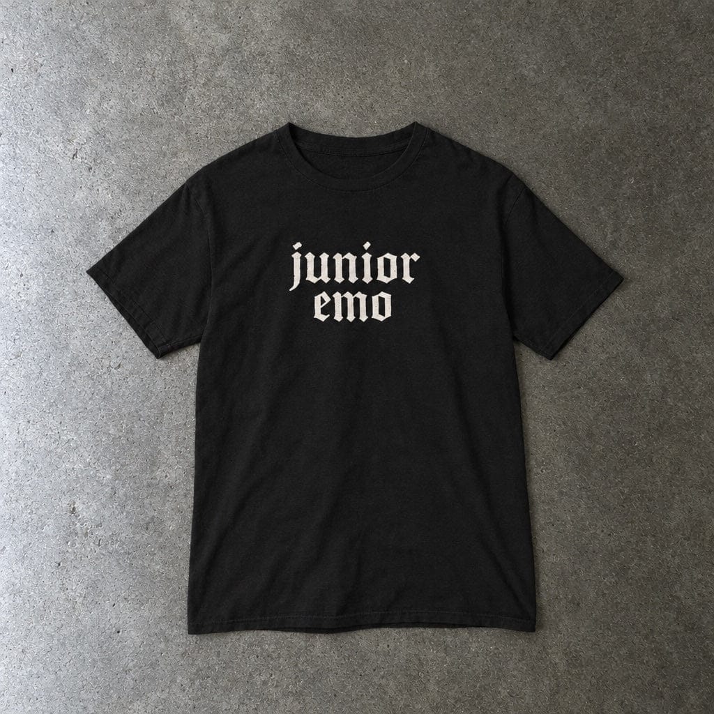 Junior Emo youth tee in black, laid flat