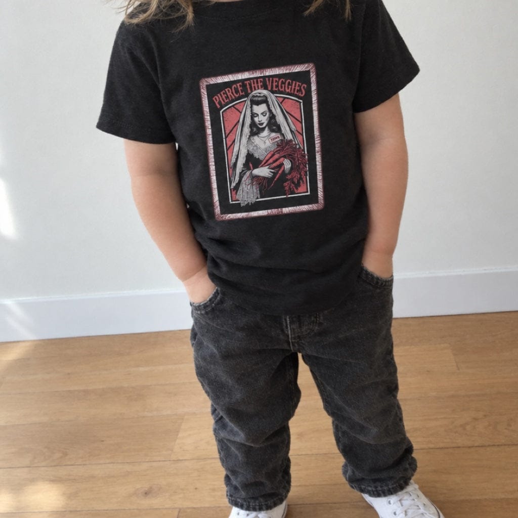 Toddler wearing the Pierce the Veggies toddler tee