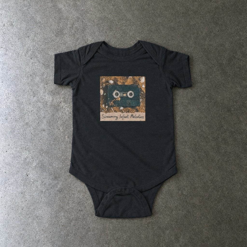 Screaming Infant Melodies onesie in black, laid flat