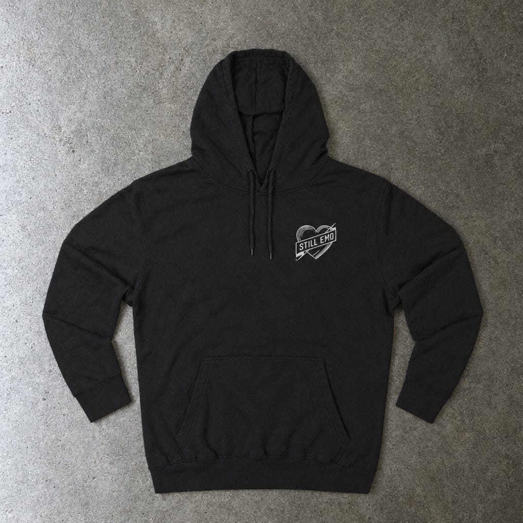 Still Emo Badge Hoodie in black, laid flat