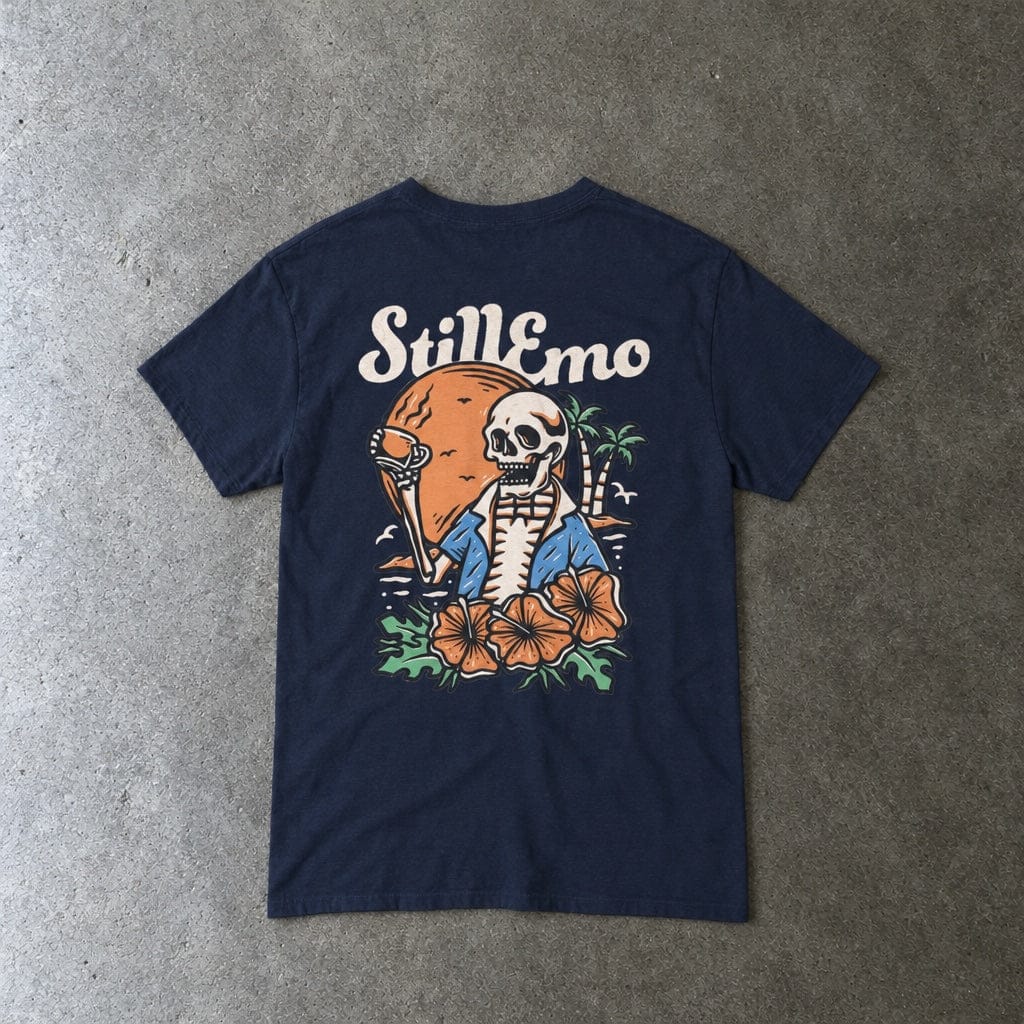 Still Emo Beach Club Tee in navy, laid flat, back view