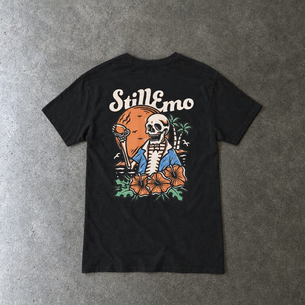 Still Emo Beach Club Tee in black, laid flat, back view