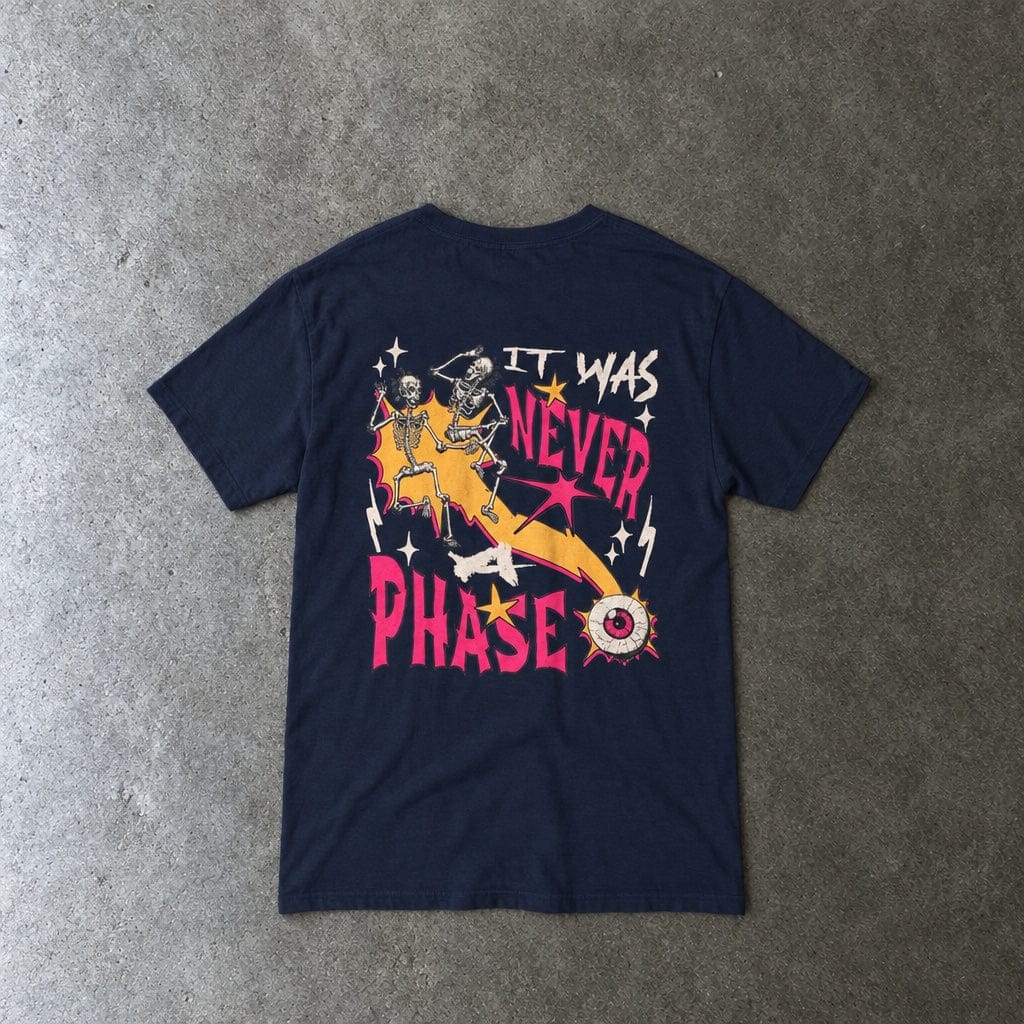 Still Emo Eyeball Tee in navy, laid flat, back view