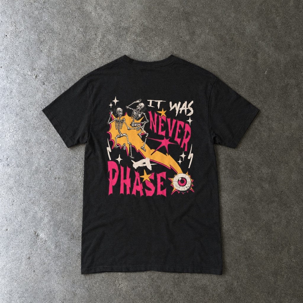 Still Emo Eyeball Tee in black, laid flat, back view